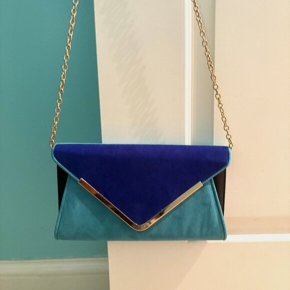 Aldo Handbags - Aldo Color Block Teal and Cobalt Blue Suede Crossbody Clutch Gold Hardware NWT